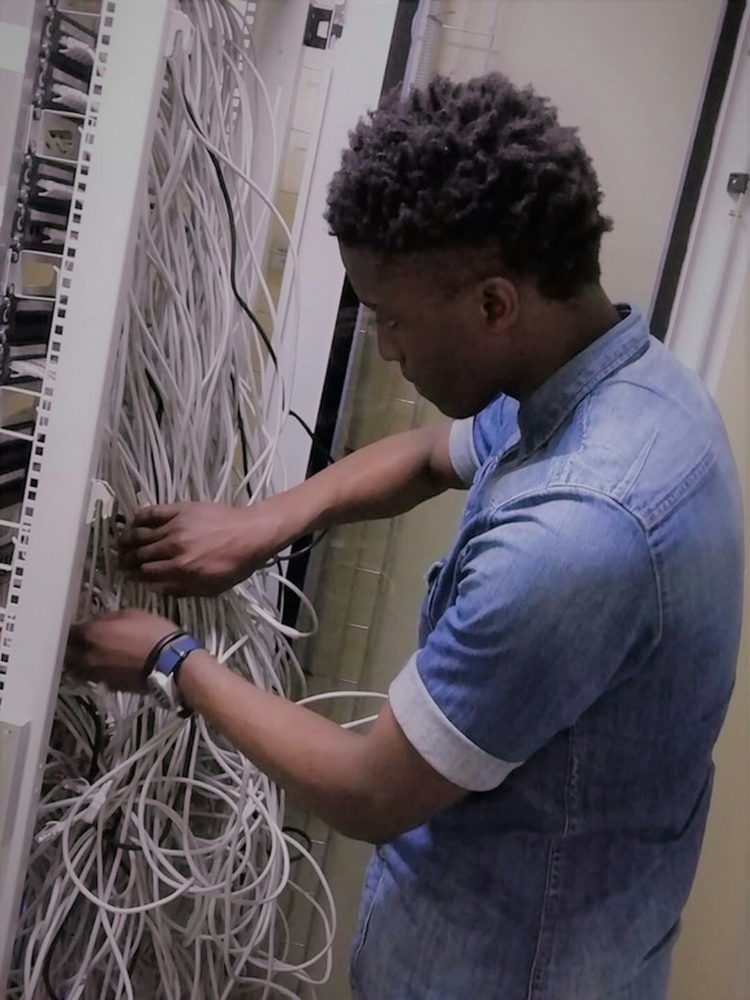 Server room with network cables and rack servers